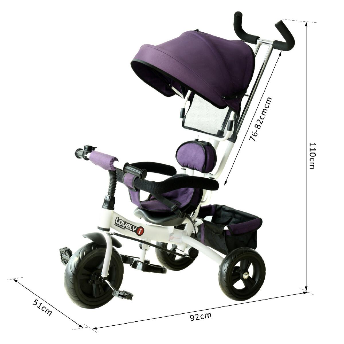 Tricycle enfant évolutif pare-soleil pliable canne  télescopique amovible 92 x 51 x 110 cm acier violet blanc