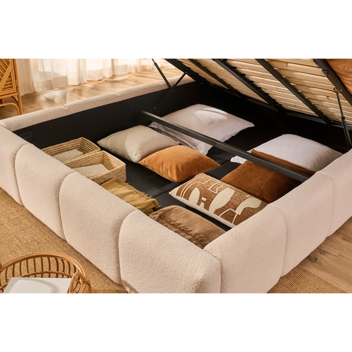 Lit coffre 2 places 160x200 cm en tissu laine bouclée MOTTO