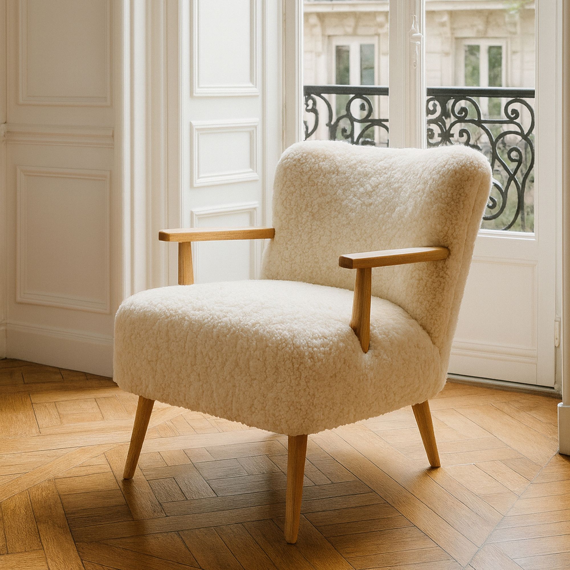 Fauteuil en tissu crème et structure en bois ELIOT
