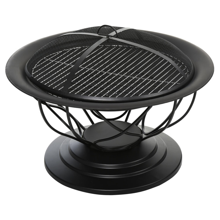 Outsunny Brasero boule de feu cheminée foyer extérieur Ø 75 x 55H cm grille à charbon + cuisson couvercle tisonnier métal noir