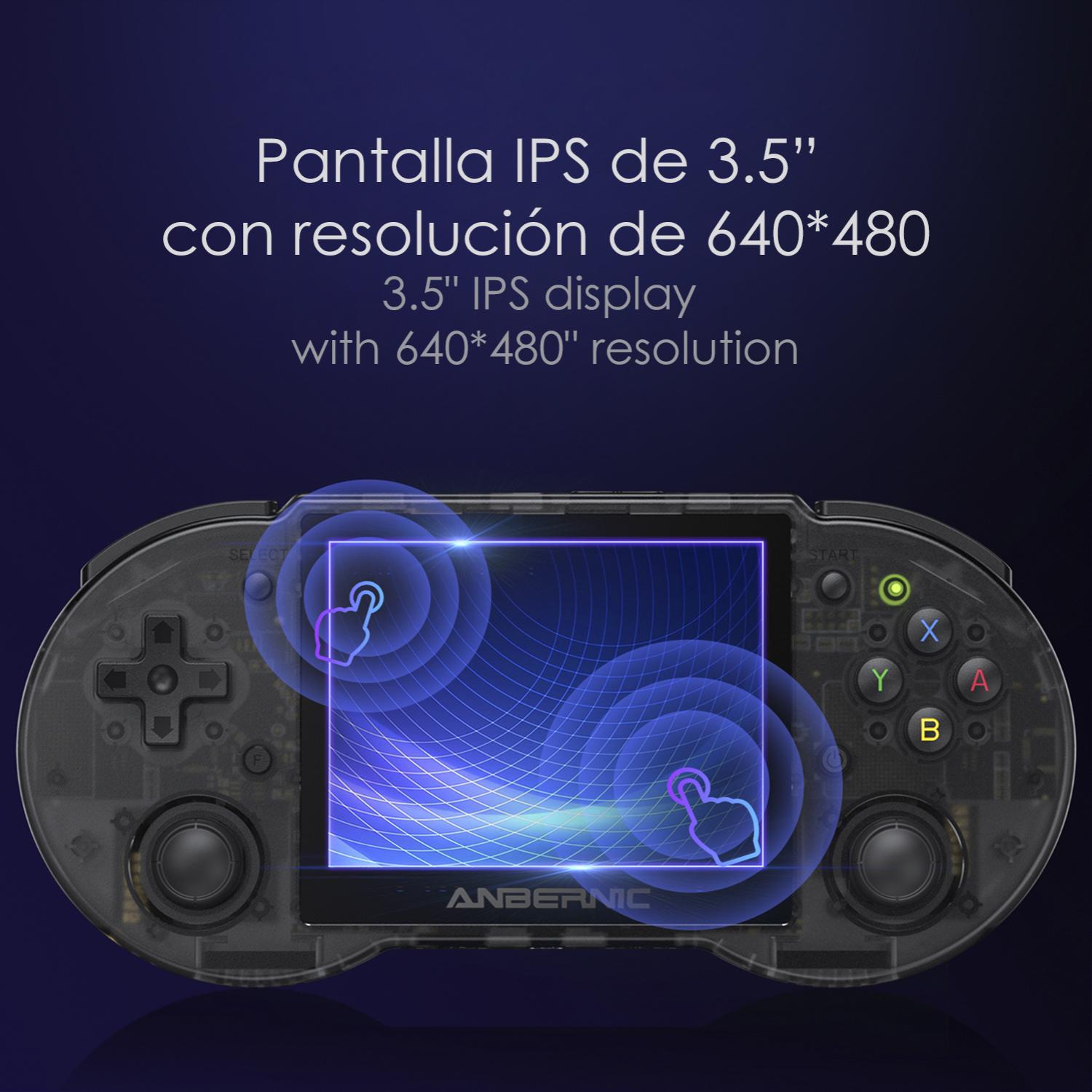 Console emulatore multipiattaforma RG353P. IPS da 3,5''; Quad Core da 1,8 GHz, 16 GB+128 GB. Android 11 + Linux. WiFi. +22.000 giochi.