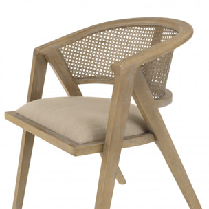 PIERRE - Chaise en bois assise tissu couleur lin dossier rotin naturel