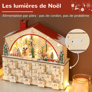 Calendrier de l'Avent LED en bois forme maison scène fôret enneigée avec rennes - 24 tiroirs - rouge naturel