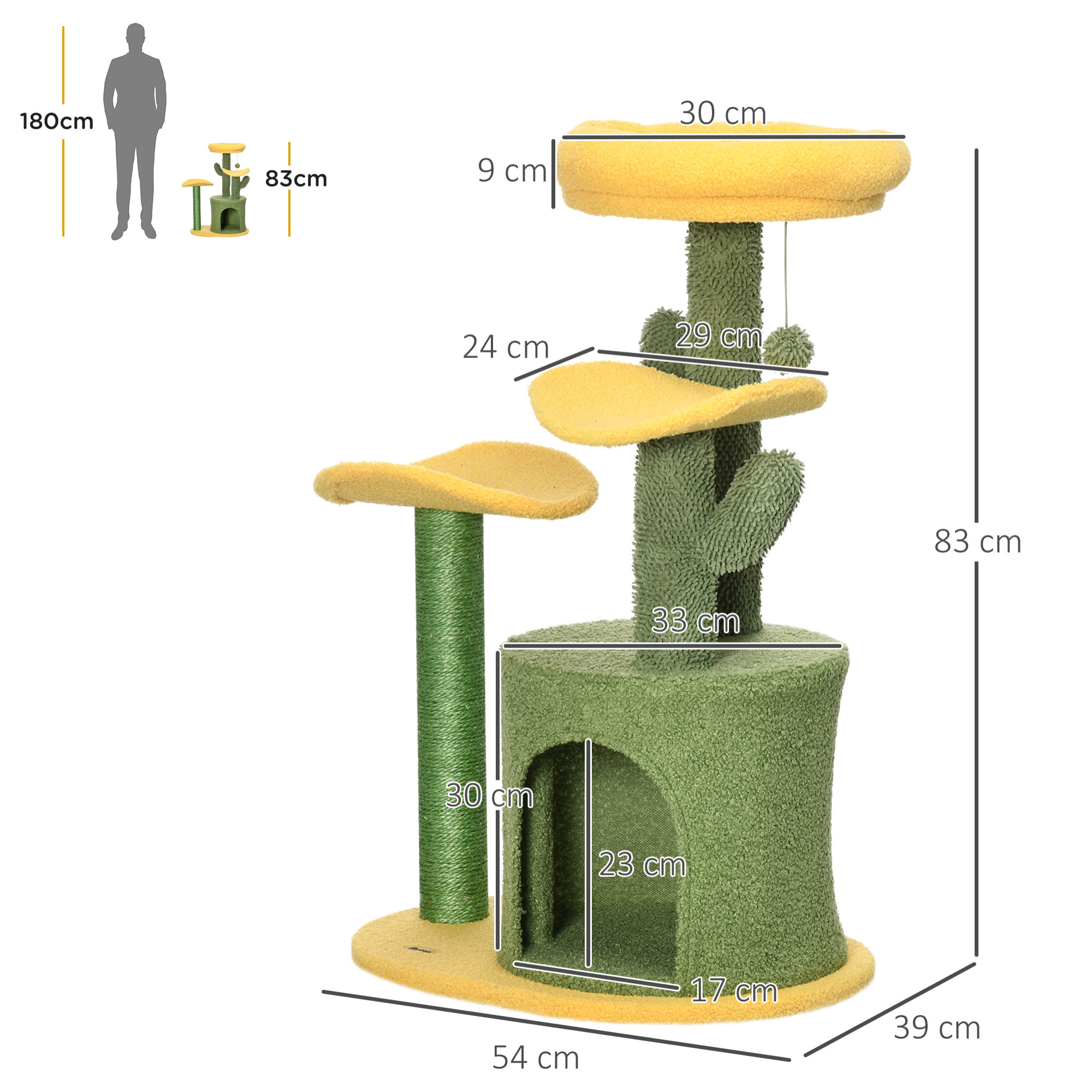 Árbol Rascador para Gatos en Forma de Cactus Altura 83 cm con Cama Caseta Postes