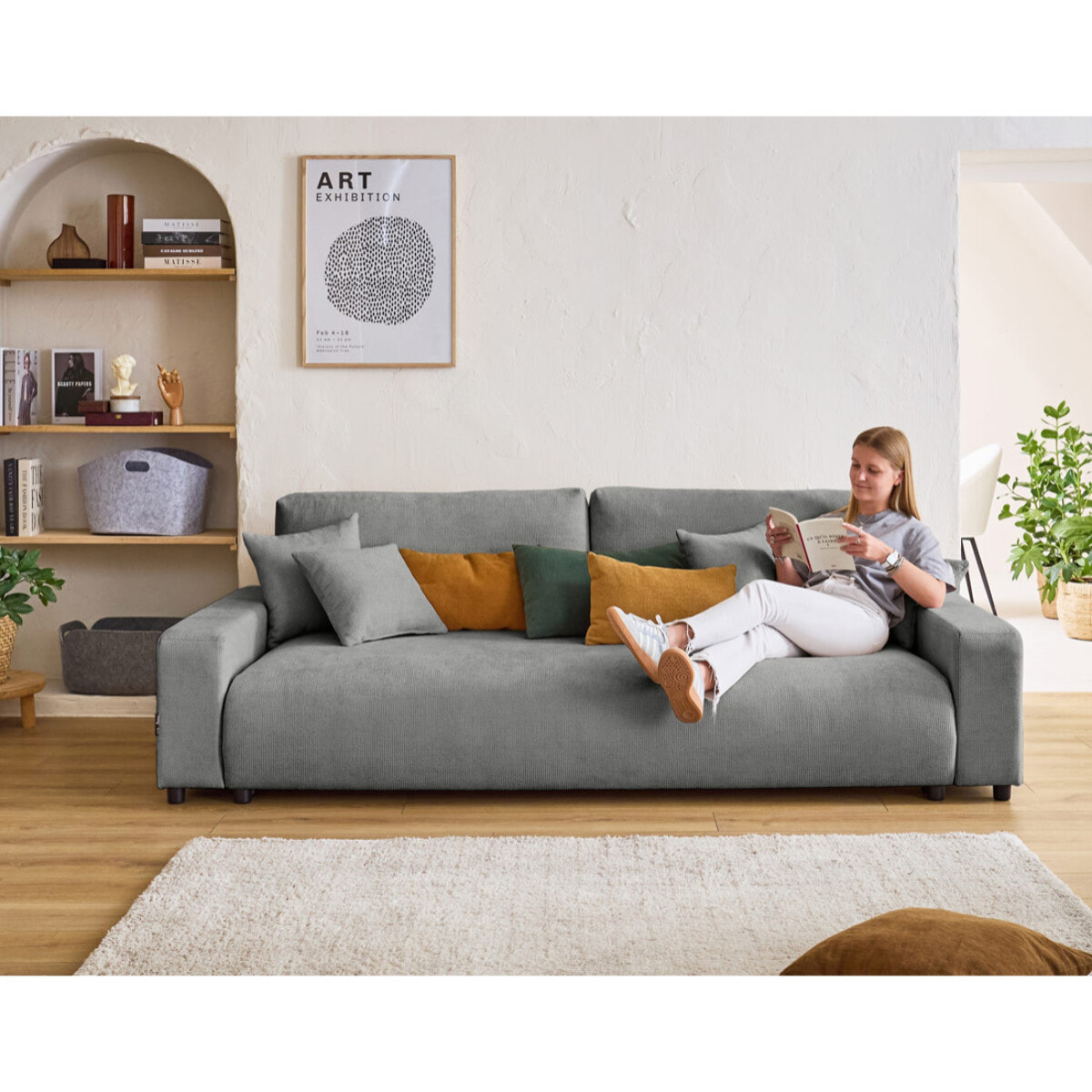 Pivoine - canapé droit 3 places - convertible avec coffre - en velours texturé - Gris