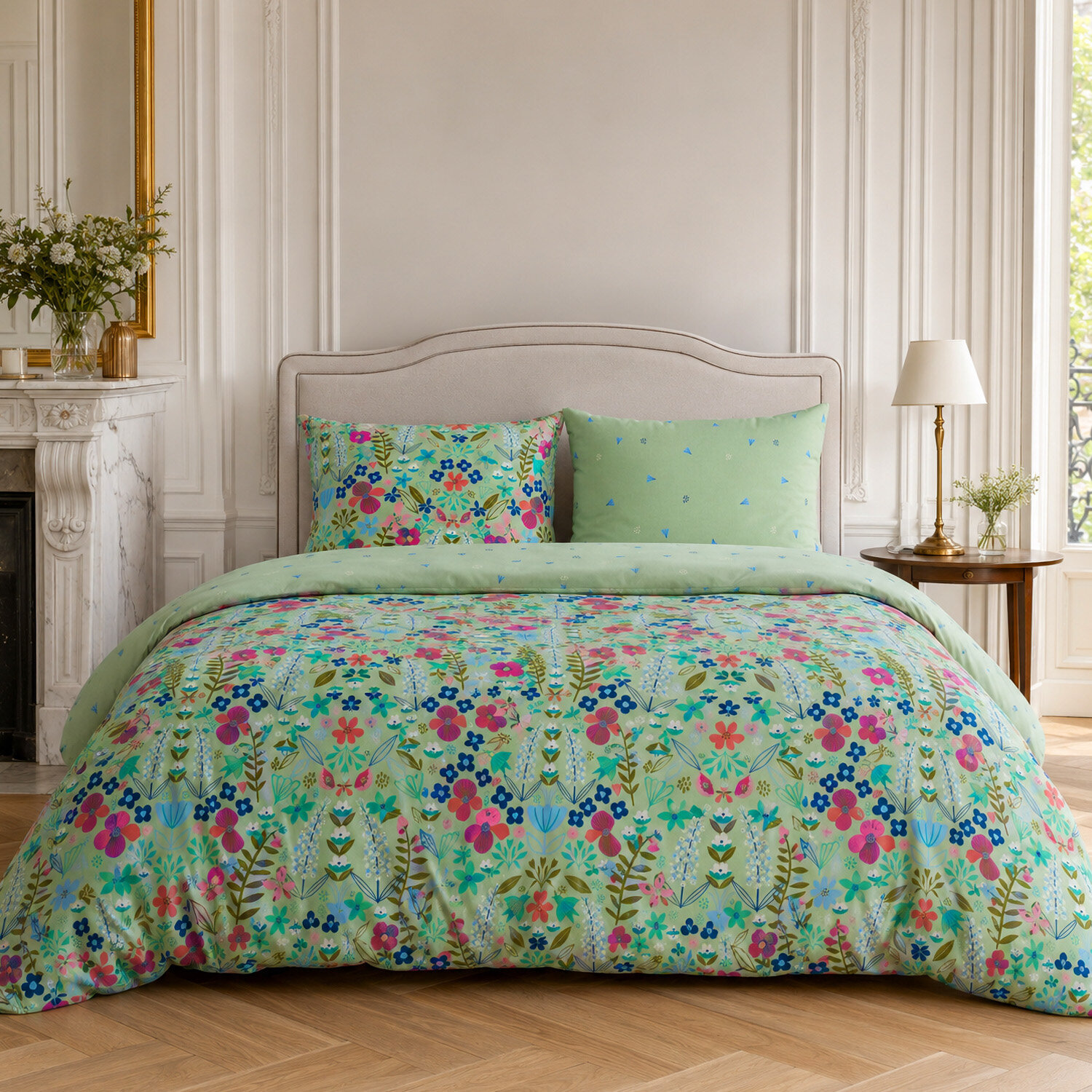 Parure housse de couette 100% percale de coton motif floral printemps vert - KATE MERRITT