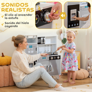 Cocina de Juguete de Madera con Sonido, Cocinita Infantil con Accesorios de Acero Inoxidable, Microondas, Máquina de Hielo, Cafetera, Lavavajillas, 79,5x24x83,8 cm, Blanco