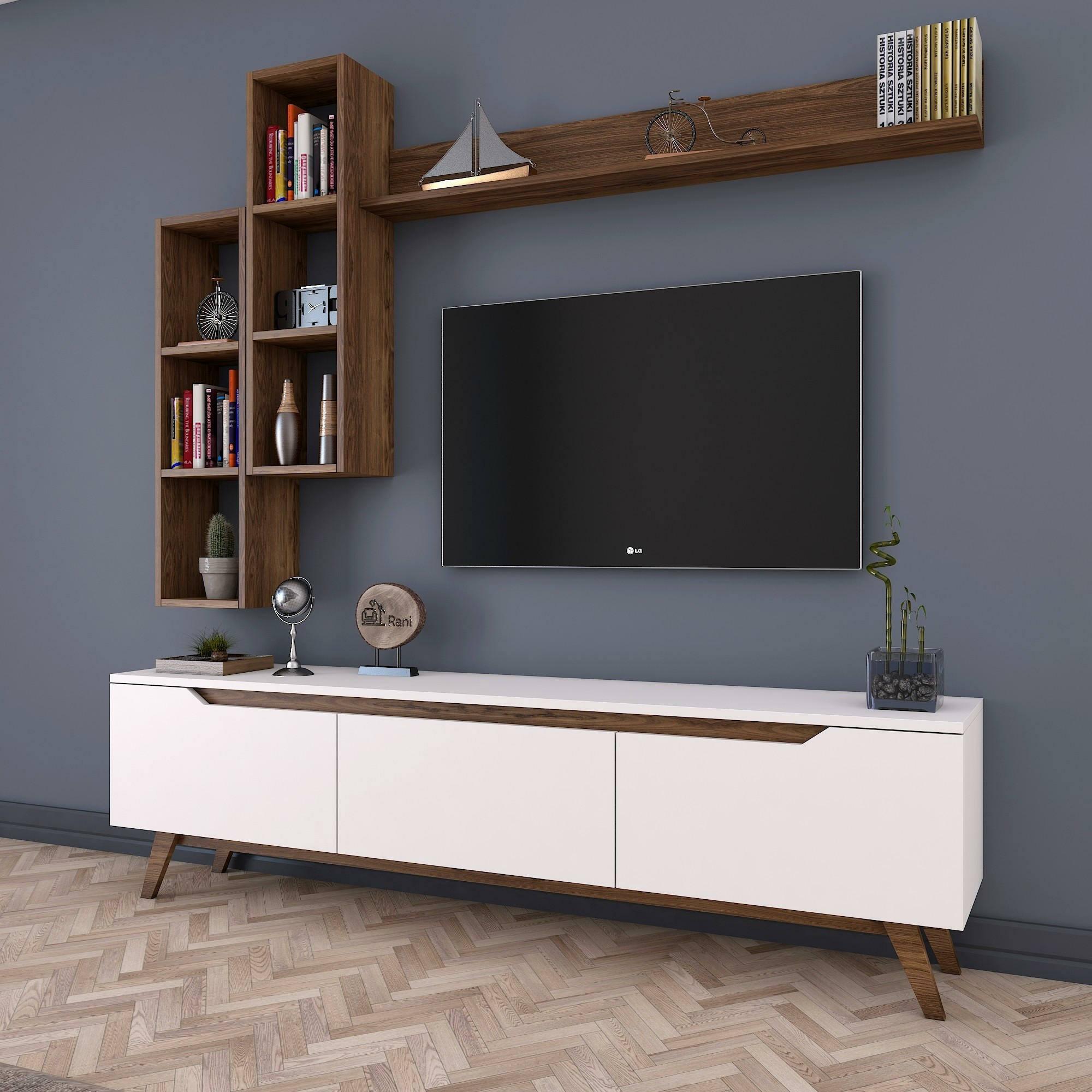 Mobile porta TV Dleonard, Credenza da soggiorno, Armadio basso per TV, Base parete attrezzata, 180x35h49 cm, Bianco e Noce