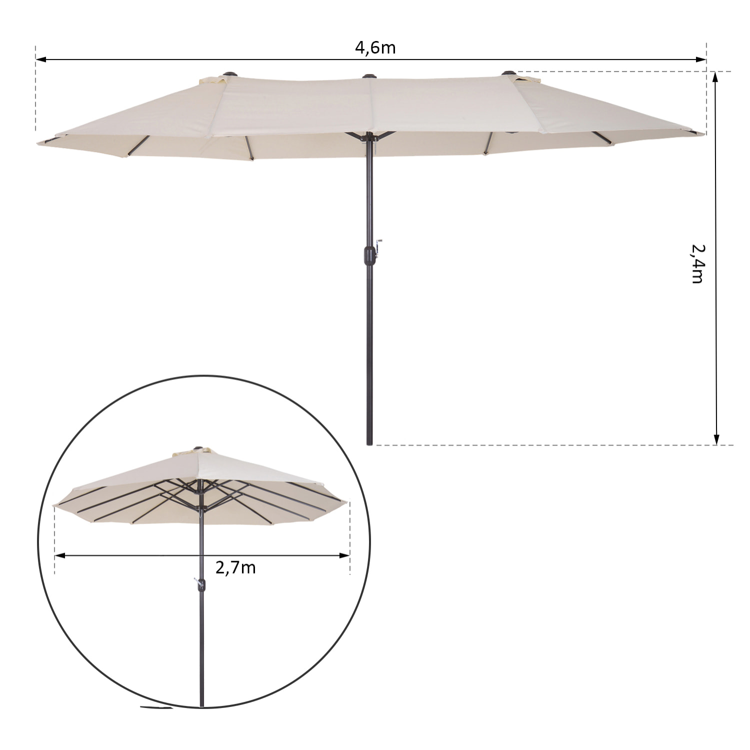 Parasol double – Grande zone d'ombre – Ouverture à manivelle