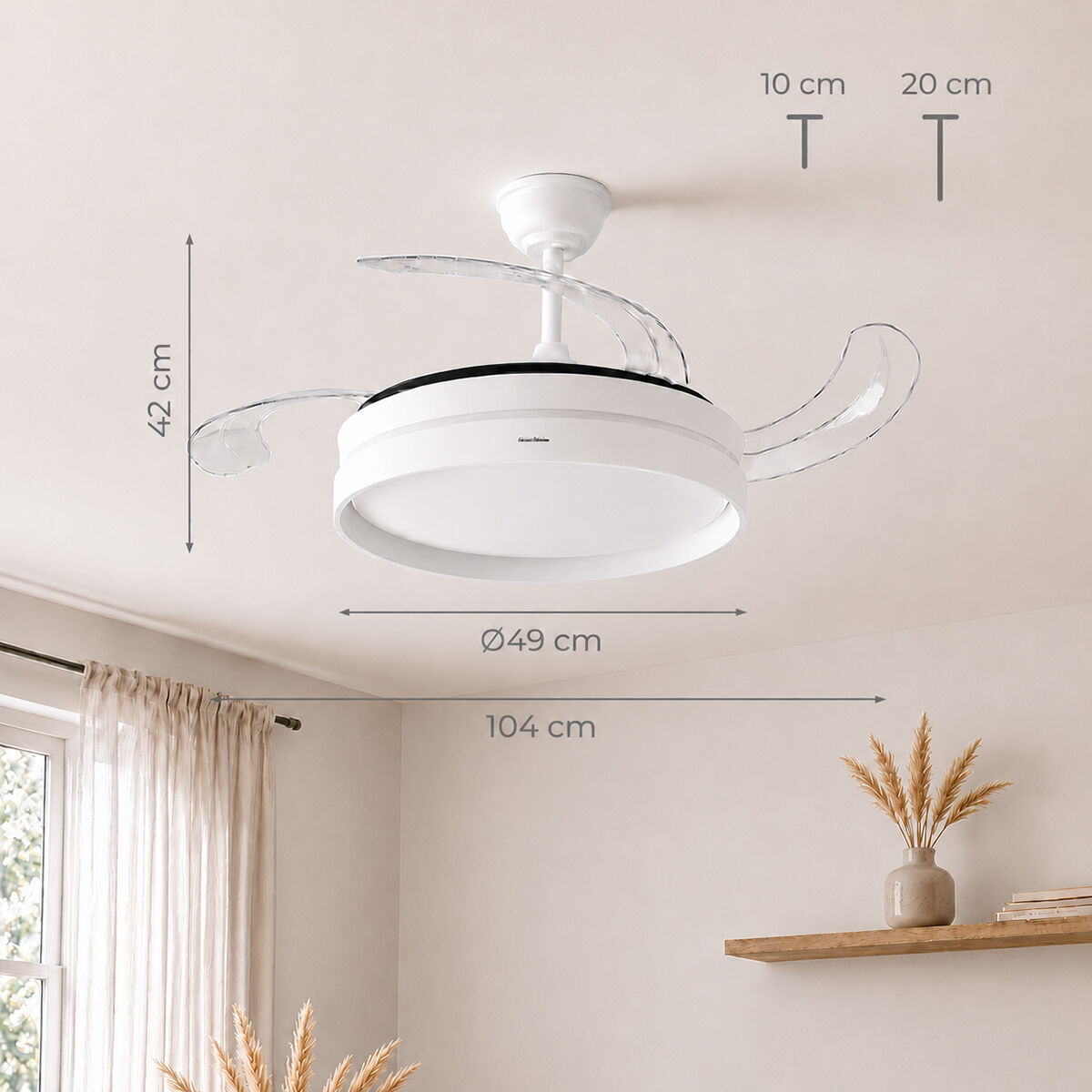 Ventilatore da Soffitto con Luce LED e 4 Pale Retrattili Keteez InnovaGoods Bianco 72 W Ø49-104 cm