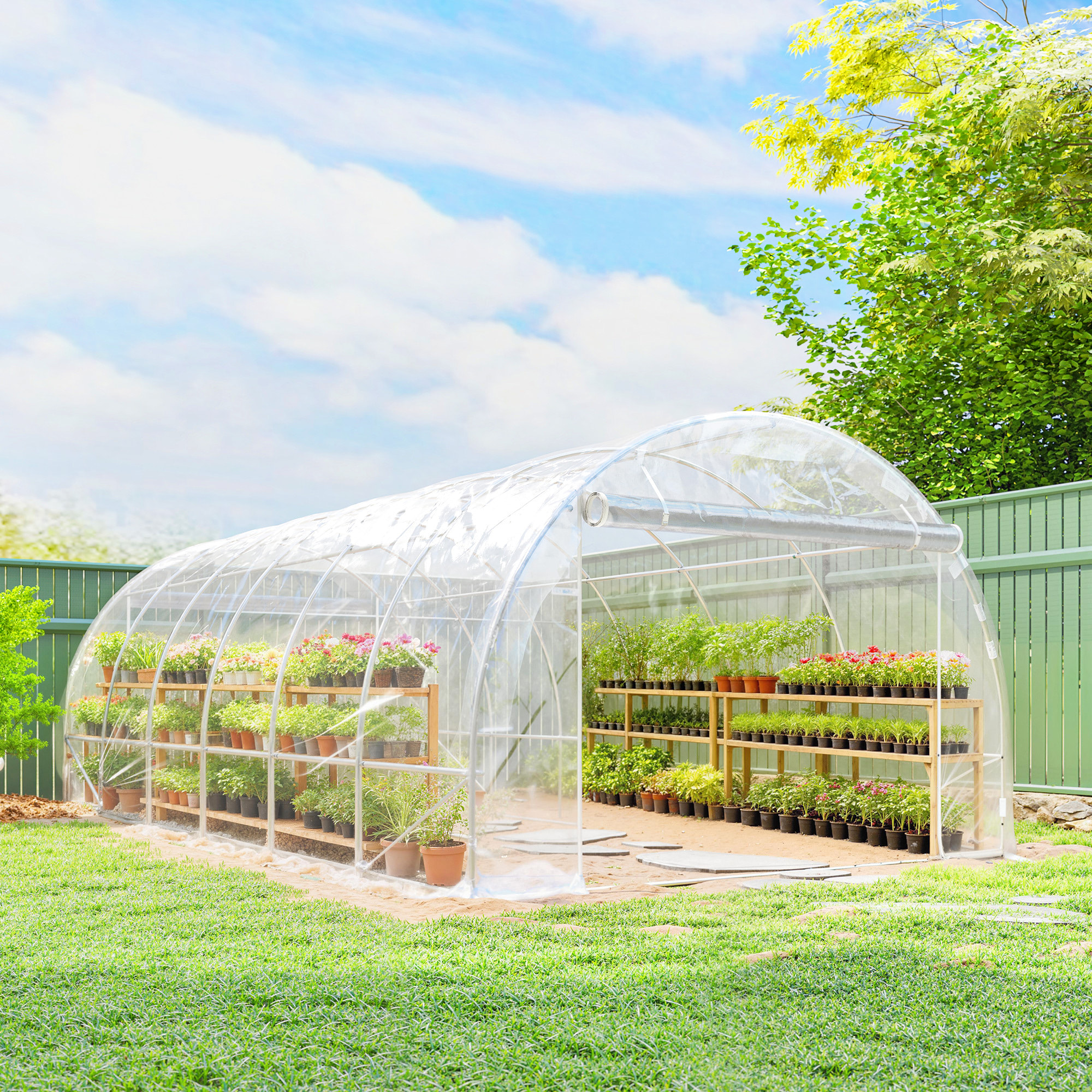 Serre tunnel de jardin 18 m² - 2 grandes portes enroulables - acier galvanisé bâche transparente