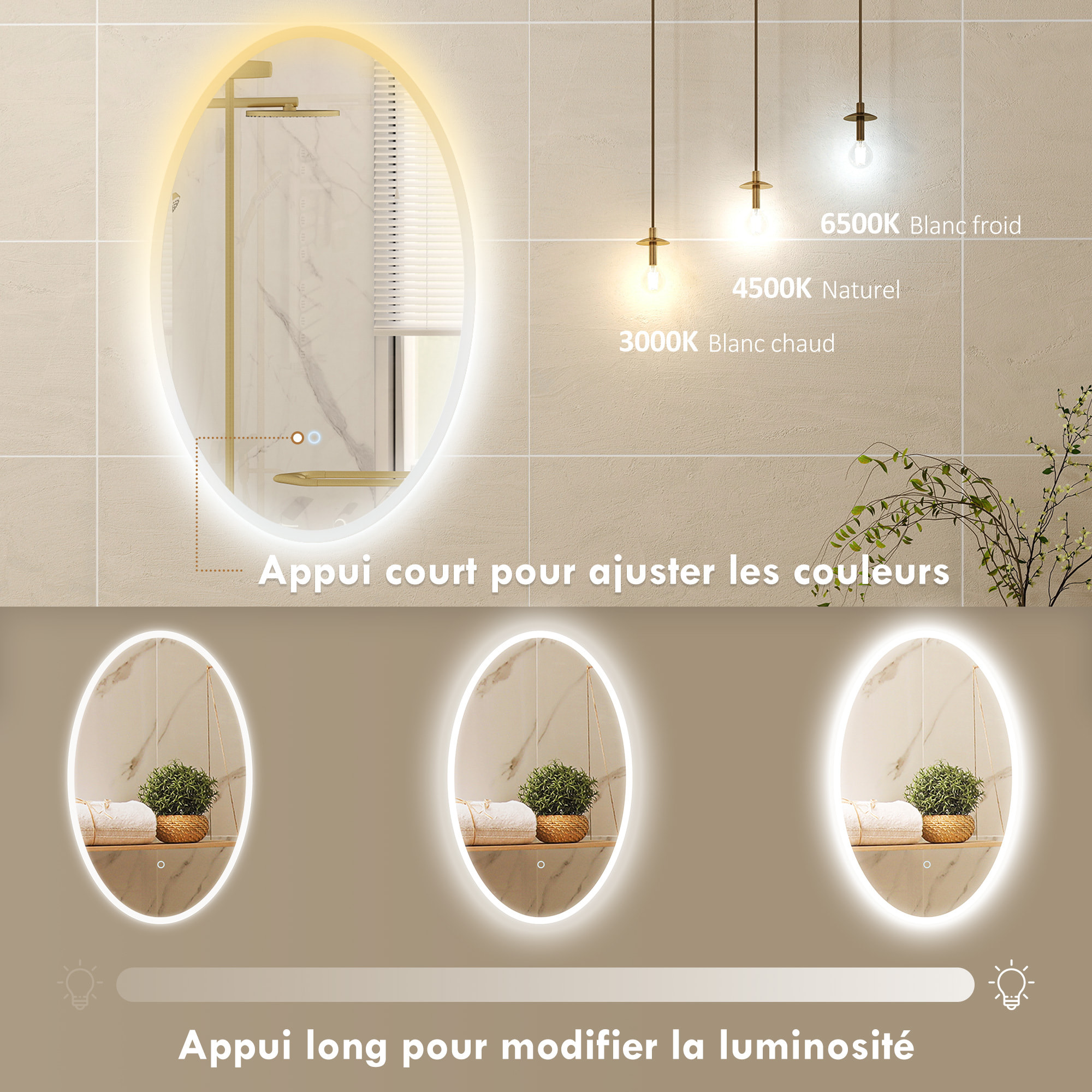 Miroir salle de bain LED design ovale 50 x 80 cm anti-buée dimmable tactile réglable verre trempé