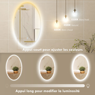 Miroir salle de bain LED design ovale 50 x 80 cm anti-buée dimmable tactile réglable verre trempé