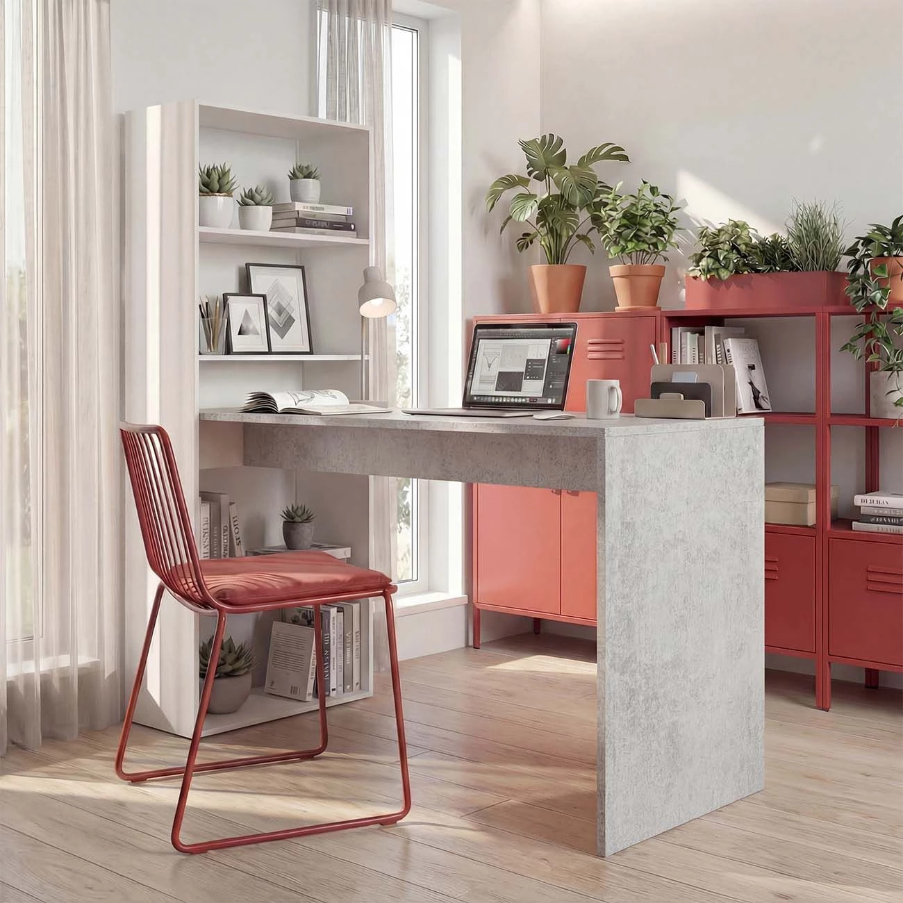 Mesa de escritorio con estantería en blanco artik y gris cemento 120x50 cm Cosmic Blanco Artik (Blanco Mate) - Gris Cemento