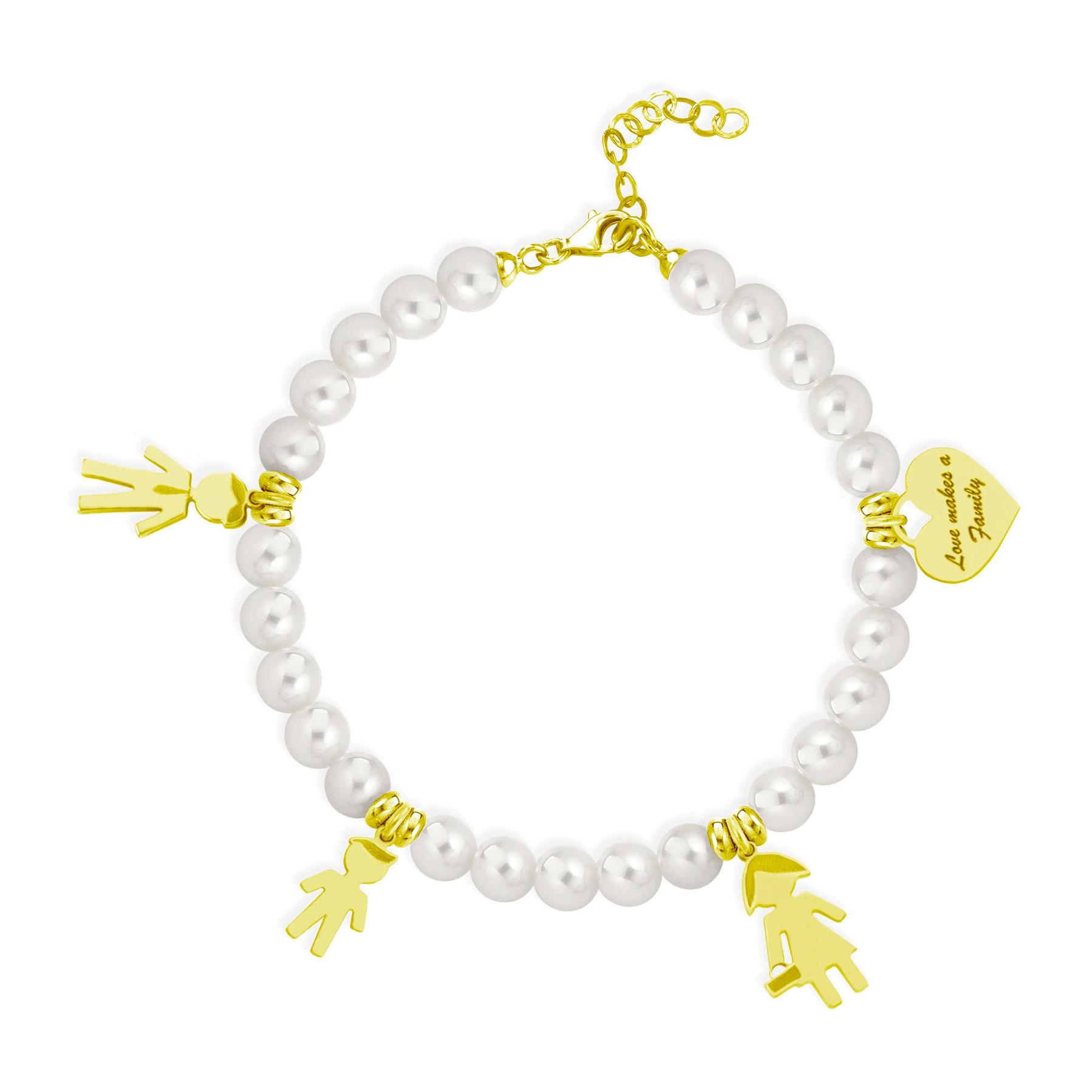 Bracciale Love Makes a Family Papà-Bimbo-Mamma-Cuore Perle Argento Gold