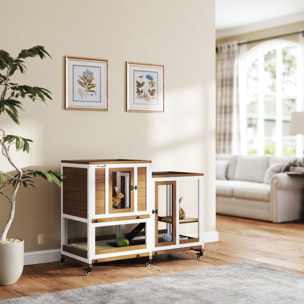 Clapier à lapin sur roulettes cage à lapin 3 niveaux 2 portes verrouillables 3 plateaux coulissants rampes bois sapin acier marron blanc