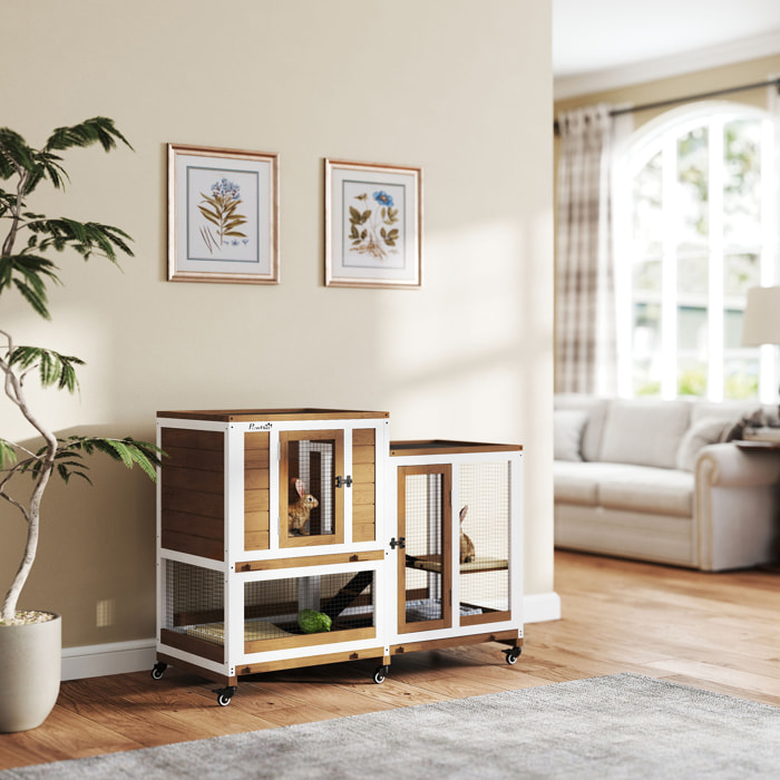 Clapier à lapin sur roulettes cage à lapin 3 niveaux 2 portes verrouillables 3 plateaux coulissants rampes bois sapin acier marron blanc