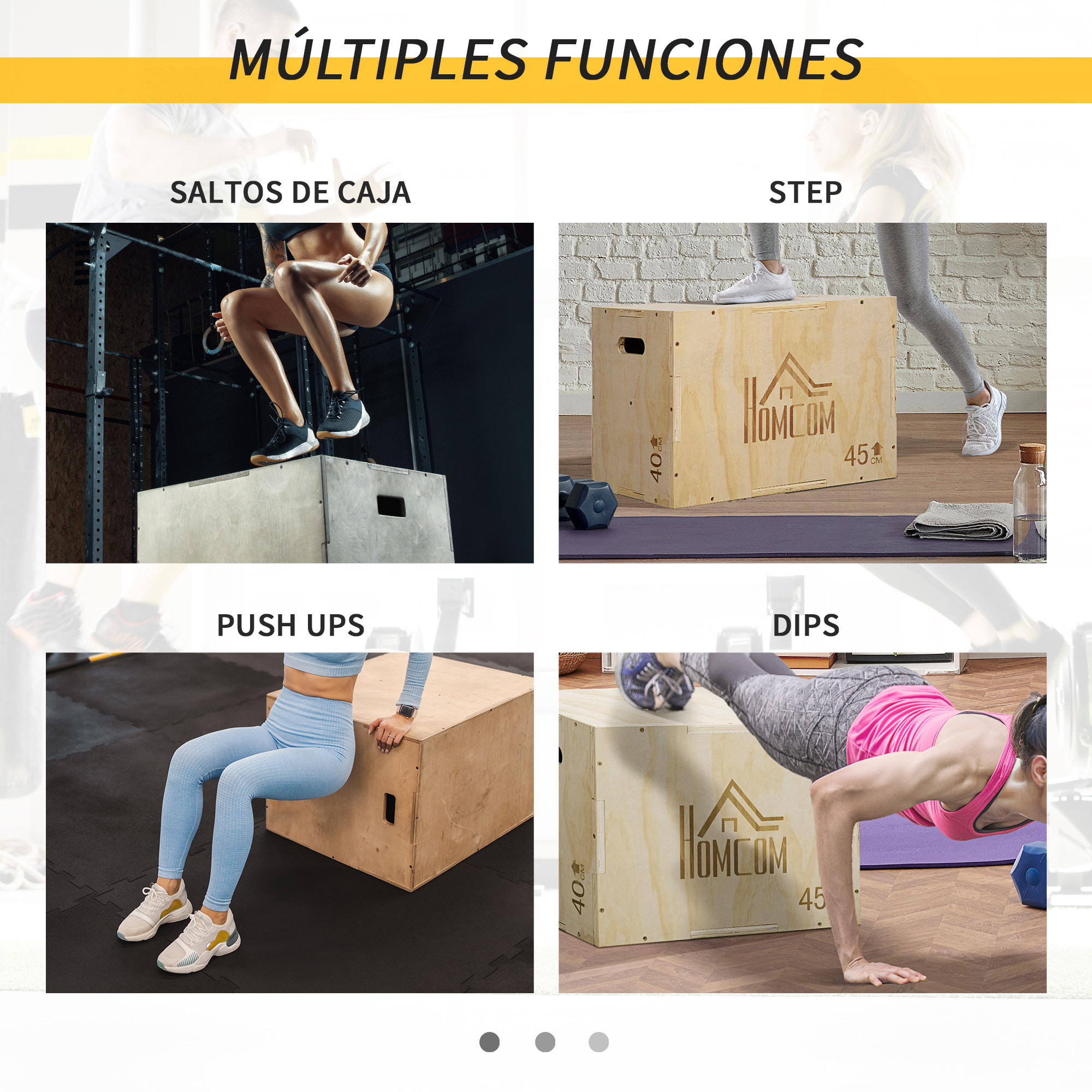 Caja Pliométrica de Madera 3 en 1 Caja de Salto con 2 Mango Hueco Entrenamiento de Fuerza en Casa Oficina Gimnasia CrossFit Carga 120 kg 45x40x60 cm Madera Natural