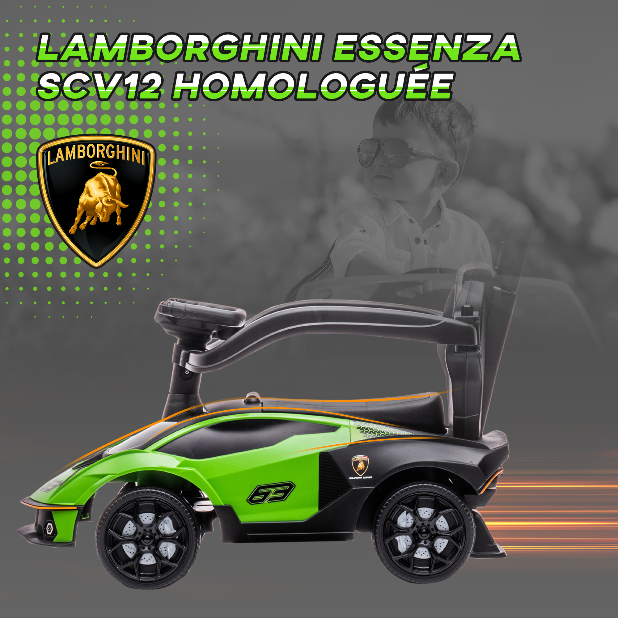 Porteur enfant voiture à pousser 2 en 1 - licence officielle Lamborghini Essenza SCV12 - nombreux équipements - noir vert