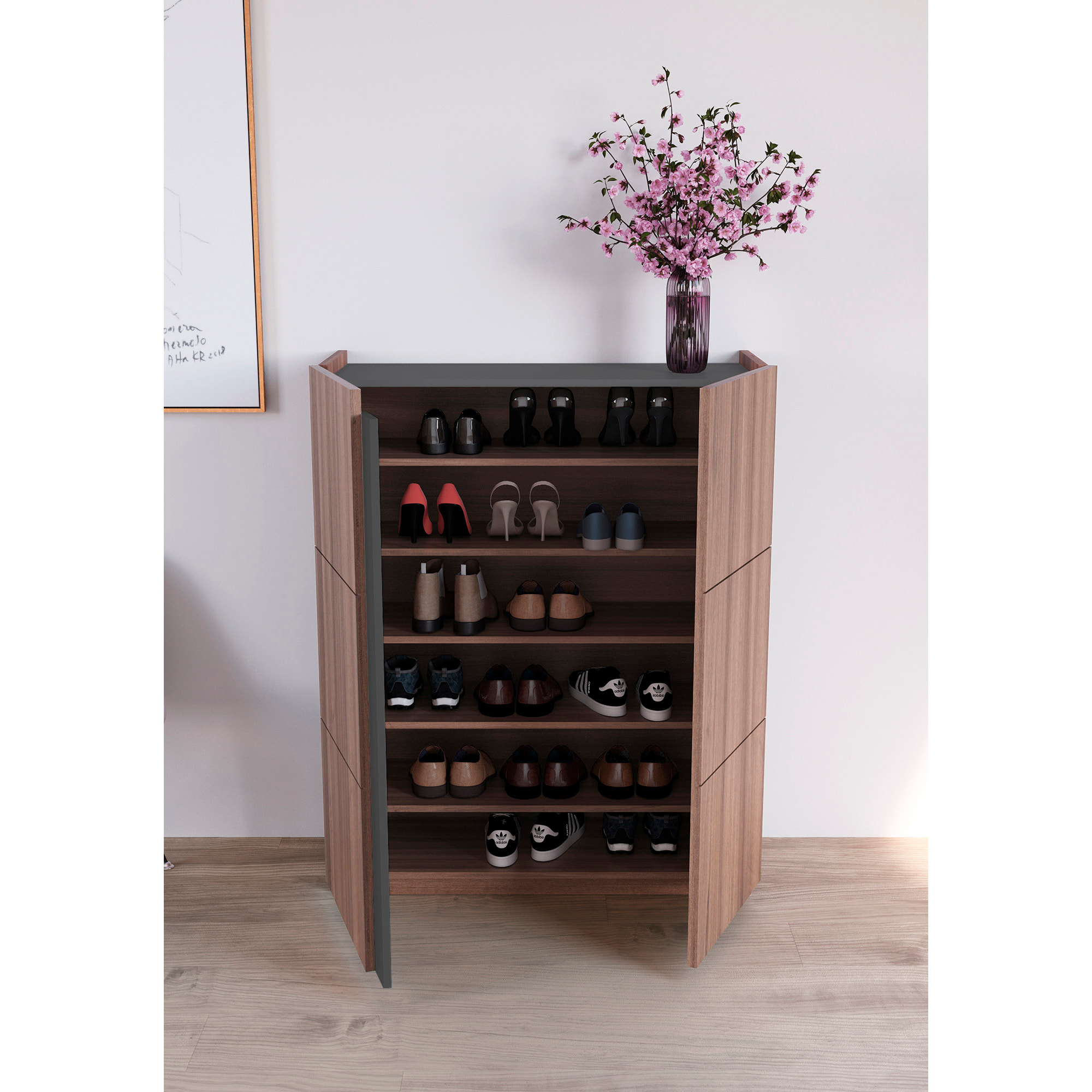 Zapatero Hessa melamina nogal detalle grafito 122x95x35 cm