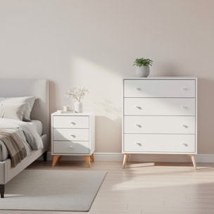 Comò A 4 Cassetti Comodino Stile Scandinavo Cassettiera Settimino Per Camera da Letto Con Gambe Nordiche Guide Metalliche 77.5x40x95 Cm Bianco Opaco