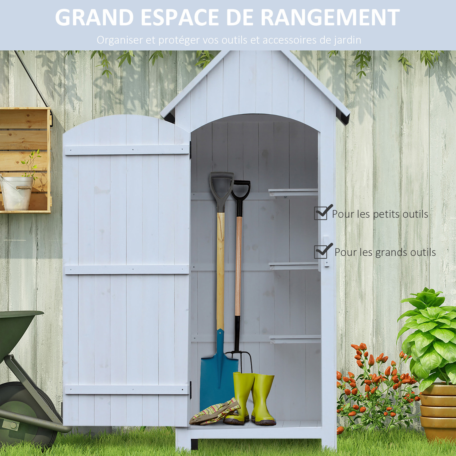 Armoire abri de jardin remise pour outils 3 étagères porte loquet toit pente bitumé dim. 77L x 54l x 179H cm bois sapin pré-huilé blanc