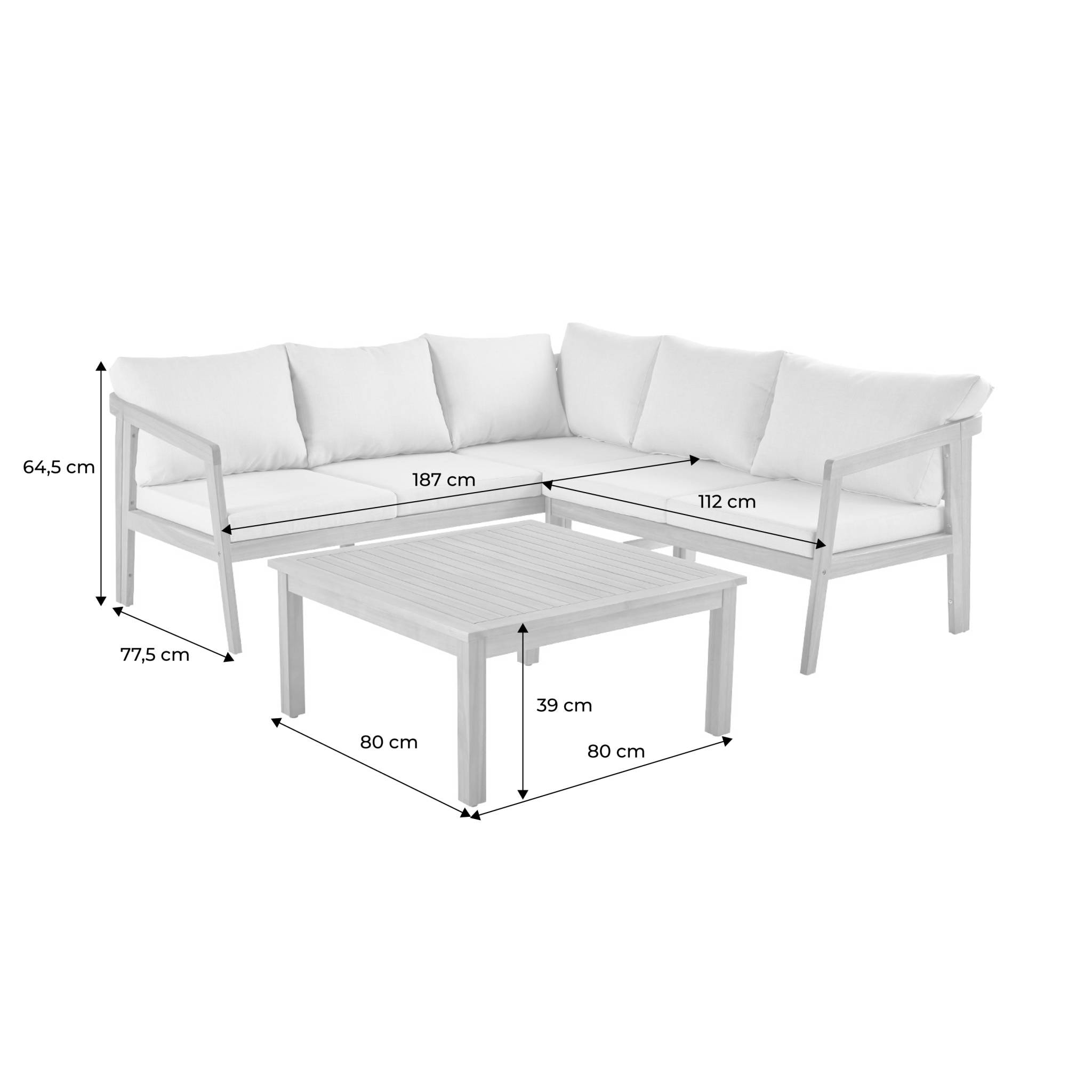 Salon de jardin d'angle kaki en acacia 5 places LOBERIA CORNER. table carrée