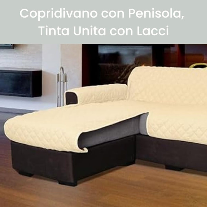 INTRECCI Copridivano 3 Posti con Penisola, Copridivano con Braccioli, Penisola Destra e Sinistra, Telo Copridivano Angolare, Impermeabile, Protegge da Macchie, Facile da Lavare. Colore: Panna