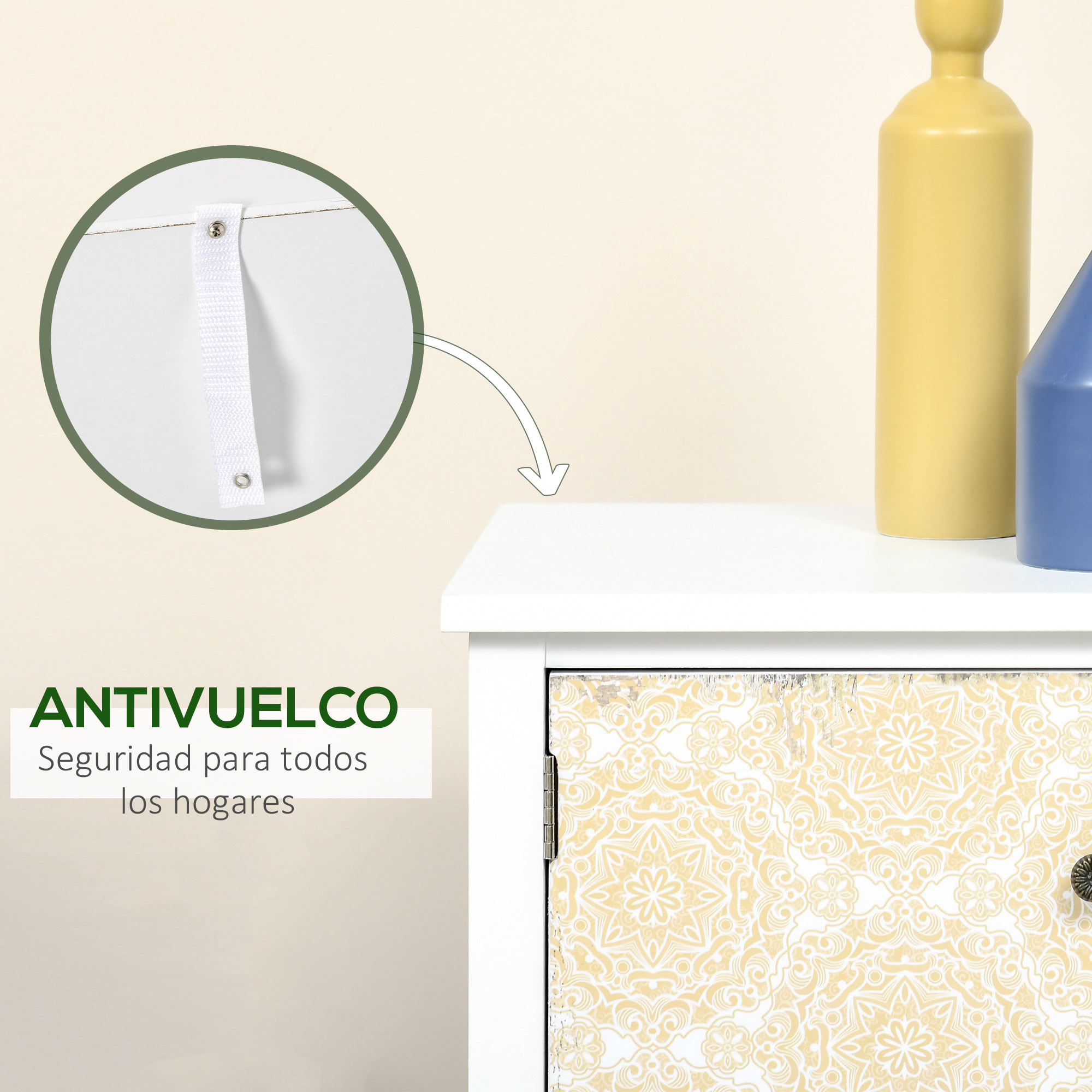 Cómoda con 2 Cajones Cómoda para Dormitorio Estilo Bohemio con 3 Compartimentos Diseño Anti-vuelco para Salón Pasillo 68x34x80 cm Blanco