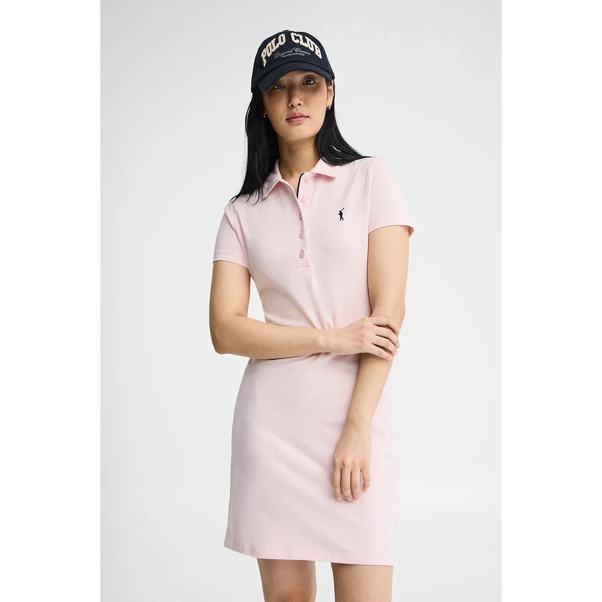 Vestito corto rosa con maniche corte, colletto a polo e logo Rigby go