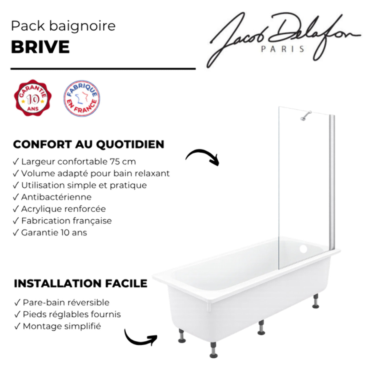 Pack baignoire droite 170 X 75 Brive + pare bain