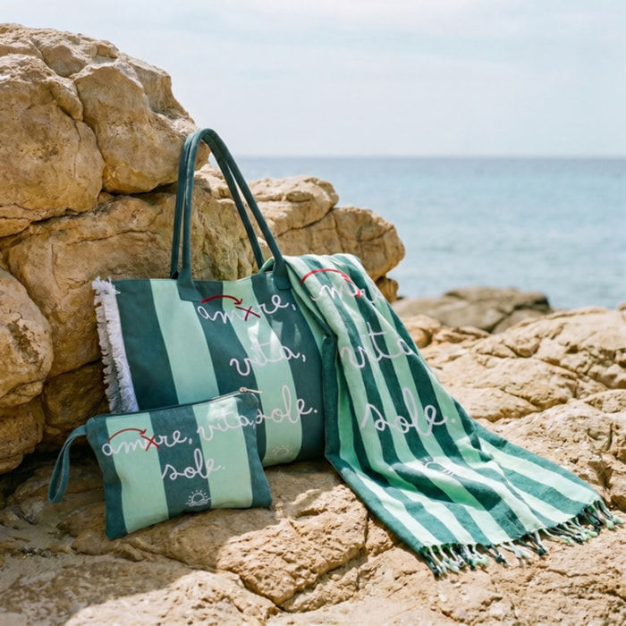 Set Mare Donna 3 Pezzi, Telo Mare con Borsa e Pochette Coordinata, Shopper Mare XL con Zip, Telo Maxi in Cotone con Frange, Accessori Mare Eleganti per Spiaggia Piscina Vacanze Resort