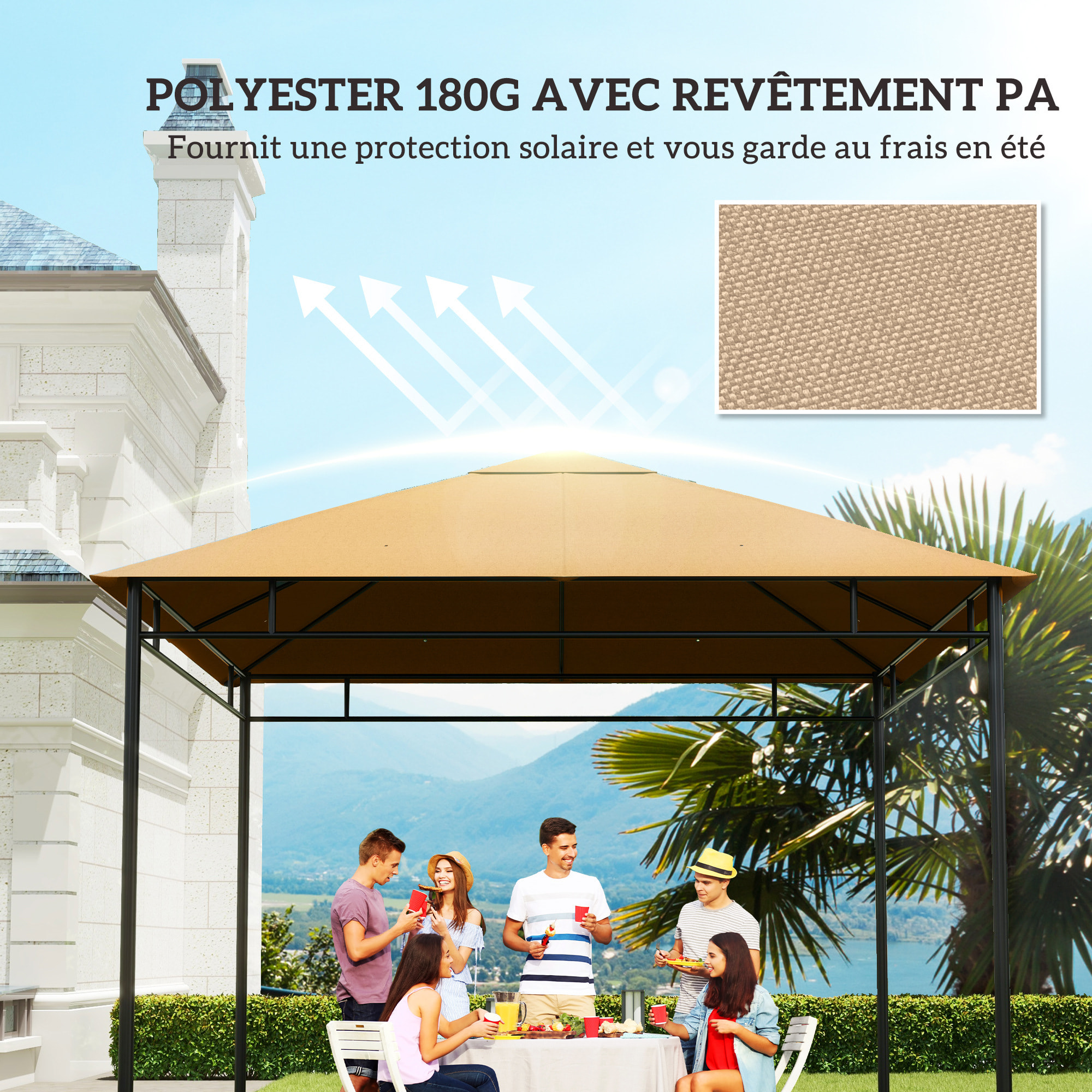 Toile de rechange pour pavillon tonnelle tente 3 x 3 m polyester haute densité 180 g/m² revêtement PA anti-UV beige