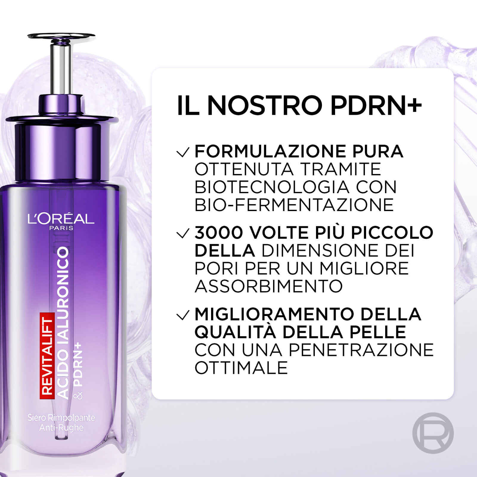 Siero Viso Rimpolpante Anti-Rughe Idratante Revitalift con Acido Ialuronico e PDRN+ Illuminante da 30ml