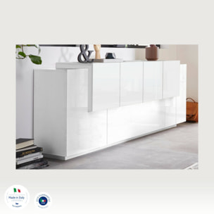 Credenza Gennaro, Madia da cucina a 7 ante, Buffet da soggiorno, Madia da cucina, 100% Made in Italy, cm 200x45h86, Bianco lucido