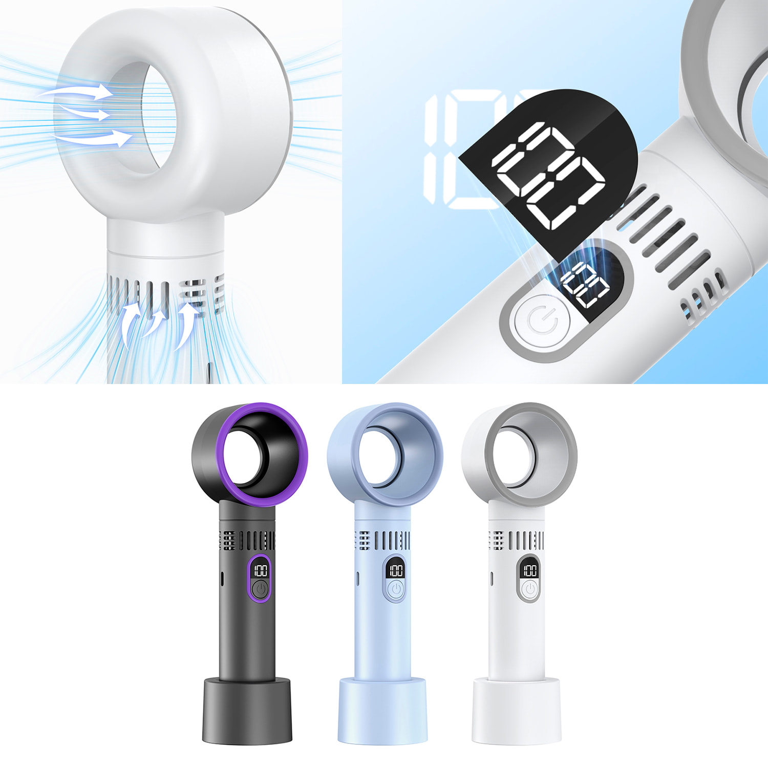 Ventilador sin aspas portátil con 5 niveles de velocidad y pantalla LCD.