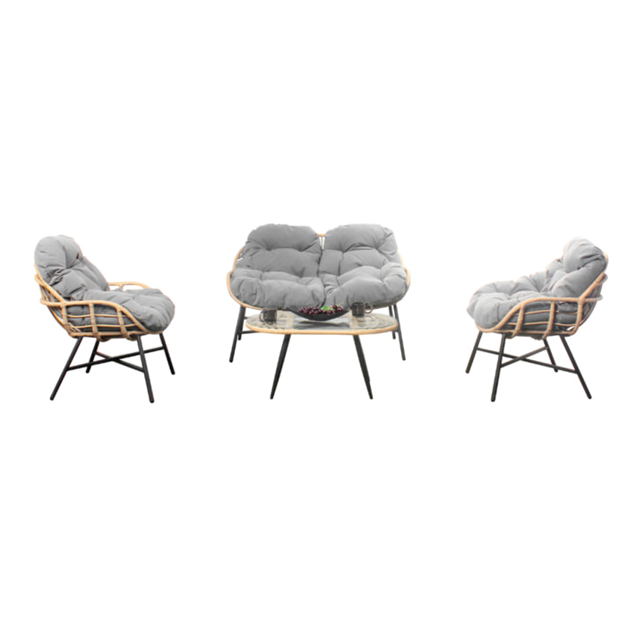 Salon de jardin 4 places canapé + fauteuils gris foncé - CASMA