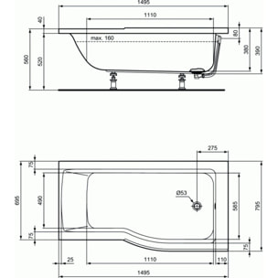 IDEAL STANDARD Baignoire Connect air 150 X 80 avec Pare Bain avec volet asymétrique gauche