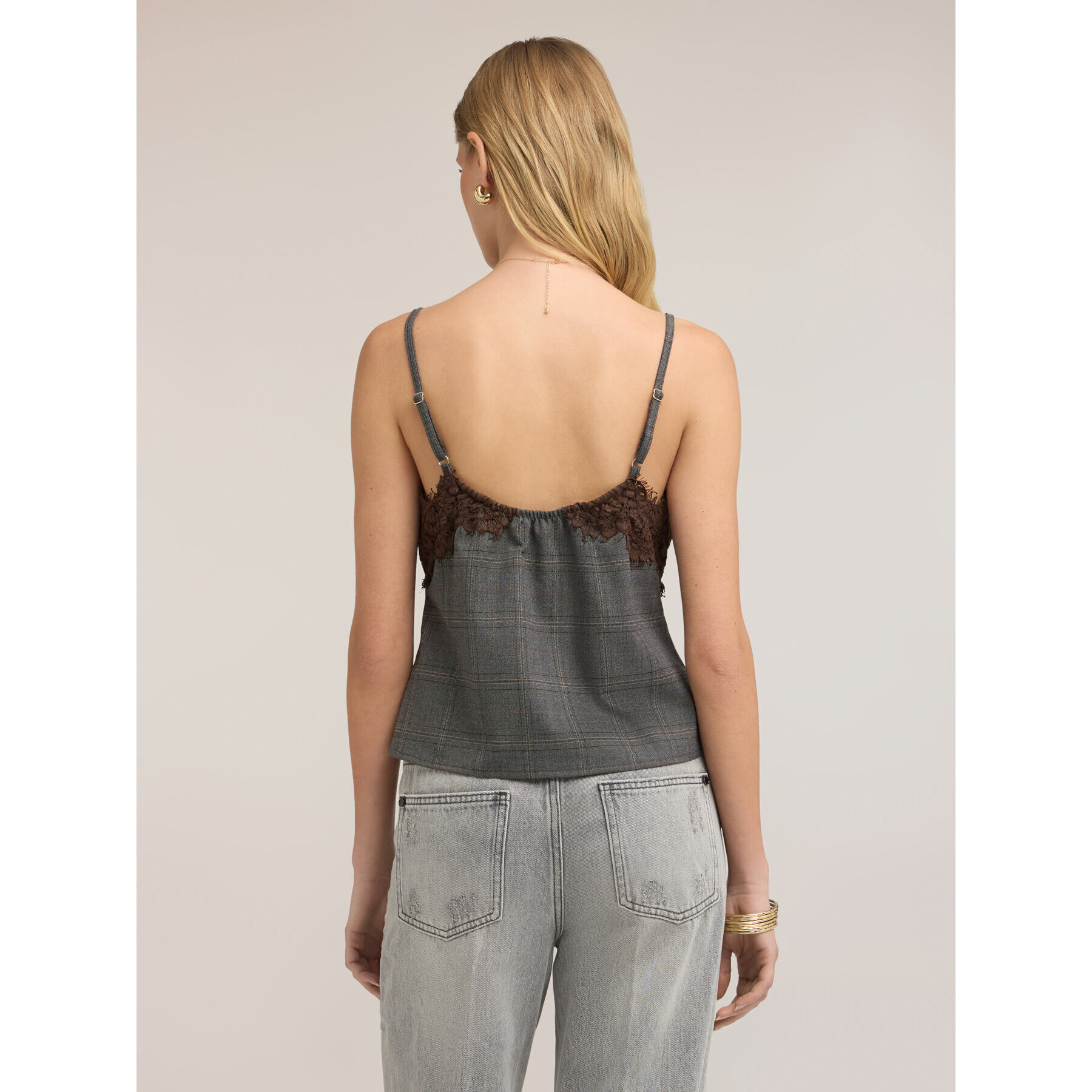 Motivi - Top a quadri con inserto in pizzo - Grigio