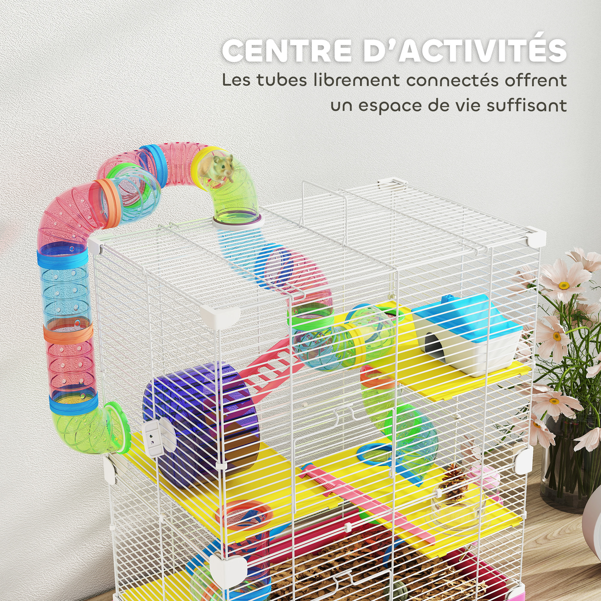 Cage pour hamster souris rongeur 4 étages avec tunnels mangeoire roue maison échelles dim. 46L x 30l x 58H cm rose