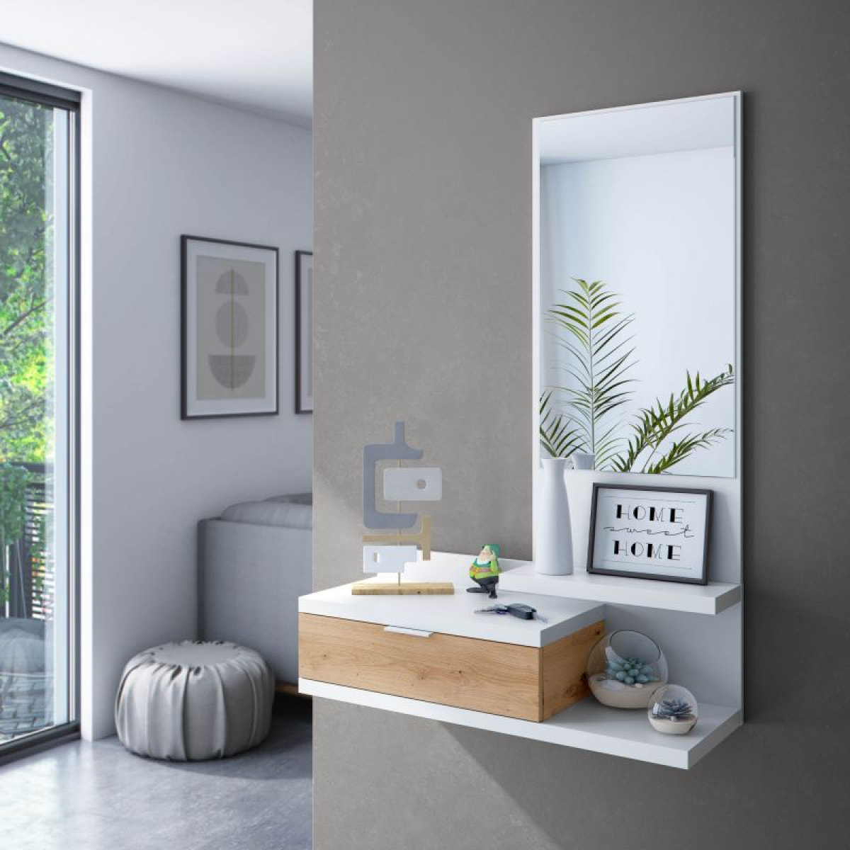 Mueble de recibidor Dahlia Blanco Artik (Blanco Mate) - Roble Nodi