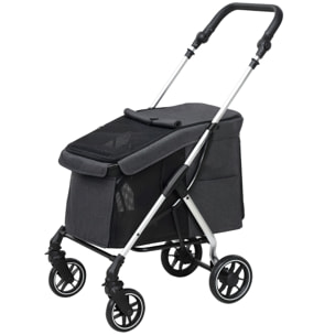 Poussette buggy chien 4 roues pliable - nombreux équipements - alu oxford gris