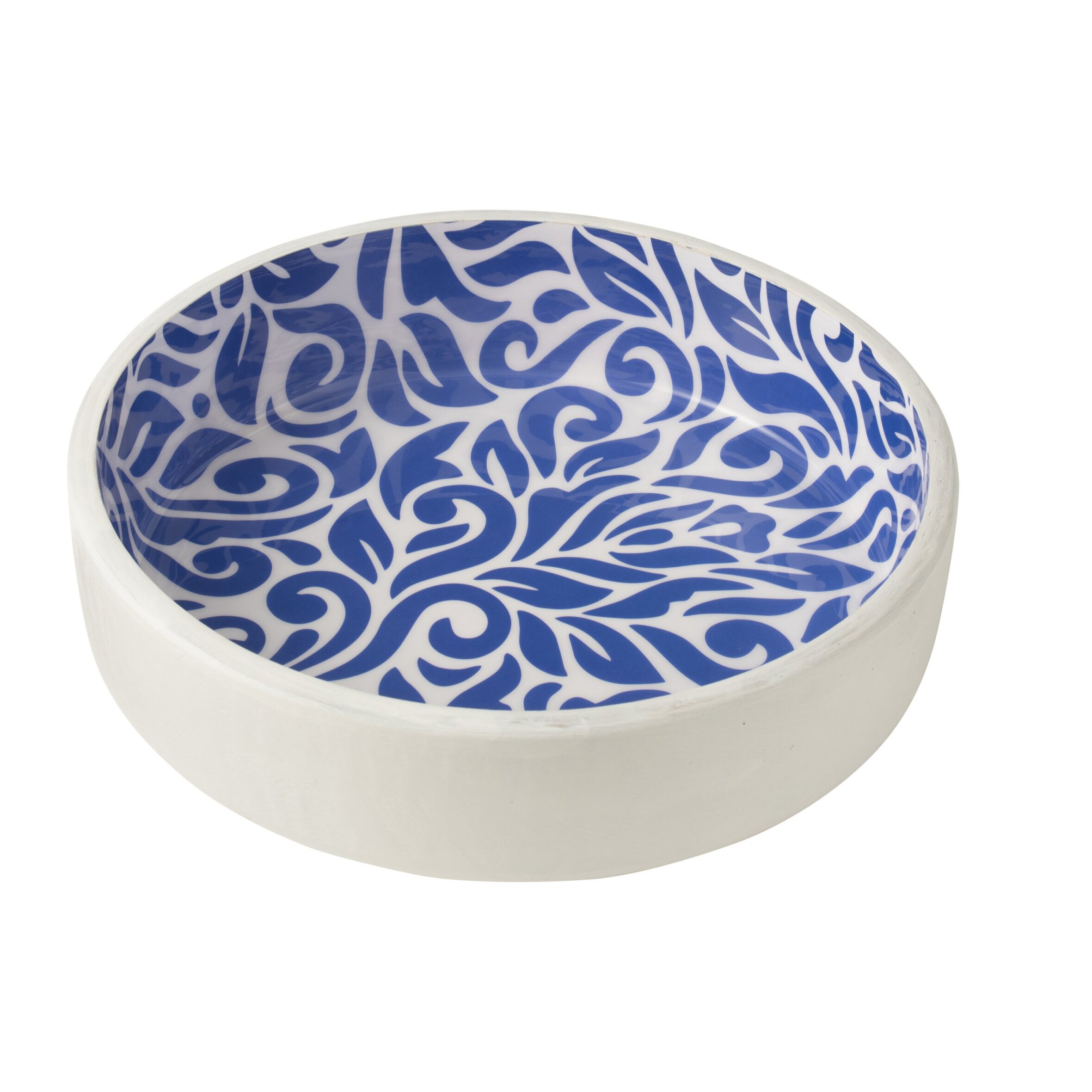 J-Line Saladier Motif Floral Bois De Manguier Bleu/Blanc