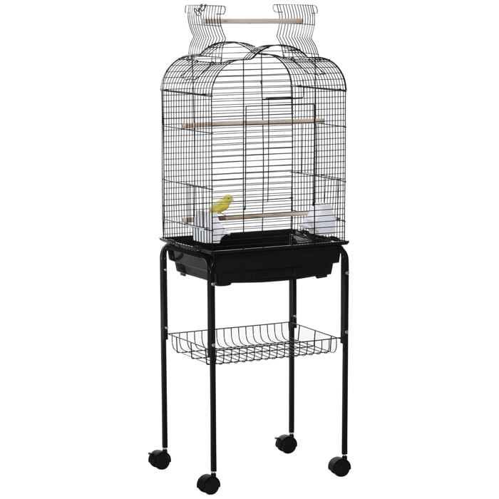 PawHut Cage à oiseaux volière amovible sur roulettes - toit ouvrant, tiroir déjection, 2 perchoirs, 2 trappes, porte, 2 mangeoires, 2 poignées - étagère - acier PP noir