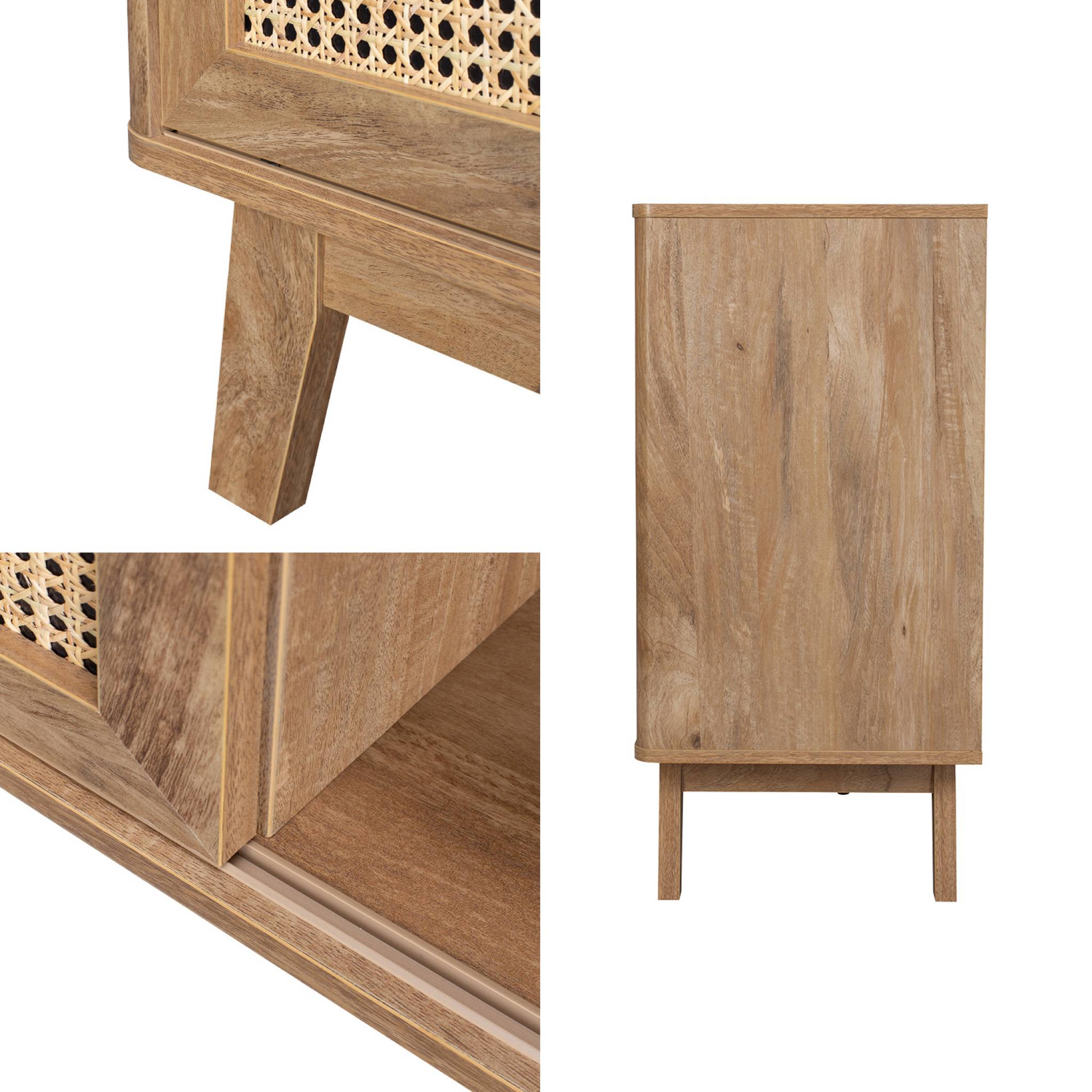 Buffet avec 2 portes coulissantes et étagères. effet bois et détails cannage. buffet bas. 150cm