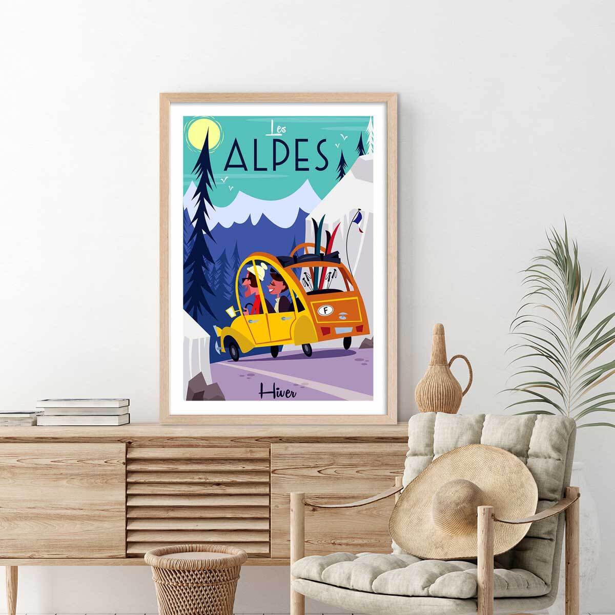 Poster de sur la route des alpes Affiche + cadre en bois - Chêne