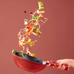 MasterPRO Share & Play Batería de cocina apilable de 10Pcs, Color Rojo, Mango extraíble, Aluminio fundido, Revestimiento cerámico, Control térmico