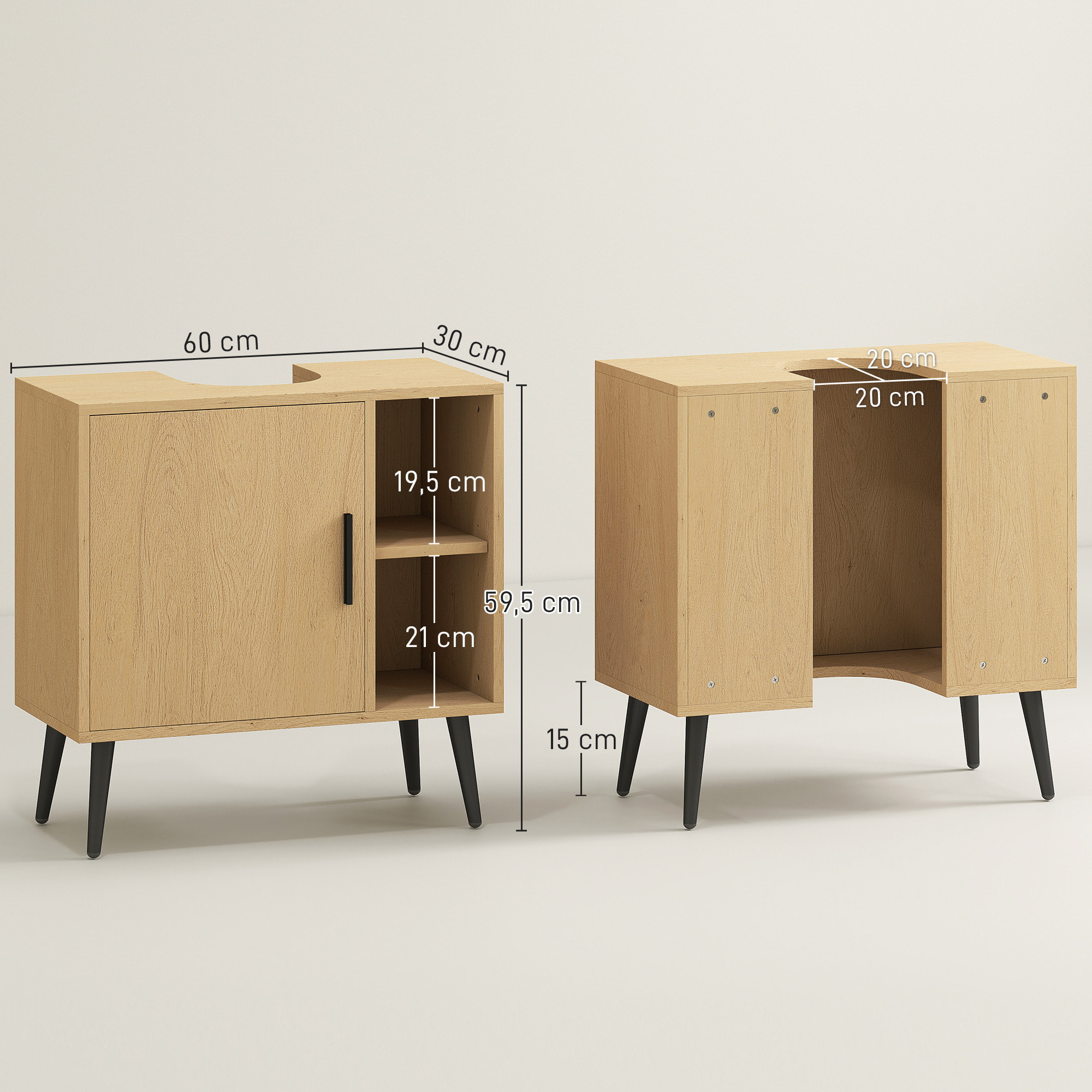Meuble sous vasque style nordique dim. 60 x 30 x 59,5 cm - porte, 2 niches - piètement métal noir effet bois clair