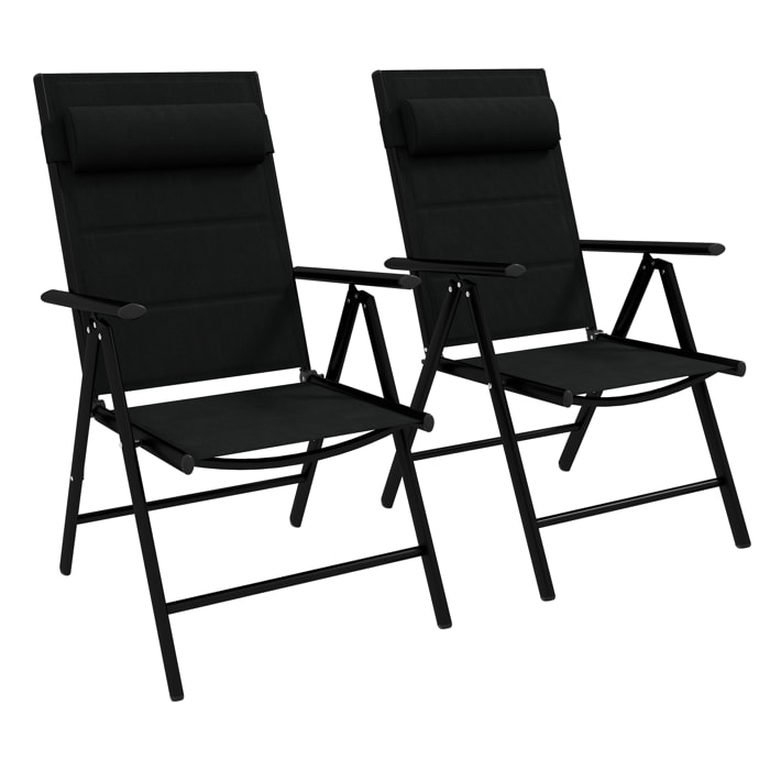 Conjunto de 2 Sillas de Camping Plegables Sillas de Jardín con Marco de Aluminio Reposacabezas y Reposabrazos Carga 130 kg para Terraza Playa 54x67x108 cm Negro