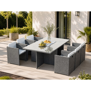 Table et chaises 6 places encastrables en résine gris-blanc REGINA